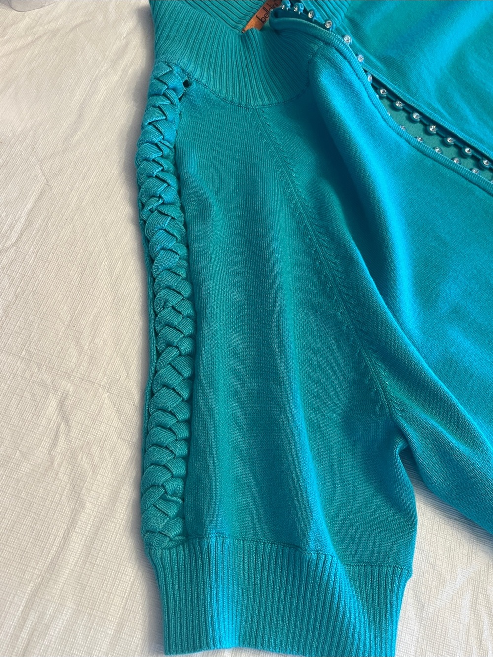 Belldini Teal Rhinestone Zip-Front Short Sleeve Sweater Size XL - Picture 16 of 16